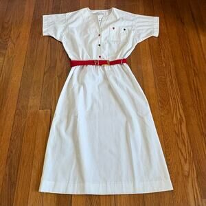 Vintage Carole King White Midi Dress Small, Blue Stitch & Red and Blue Buttons